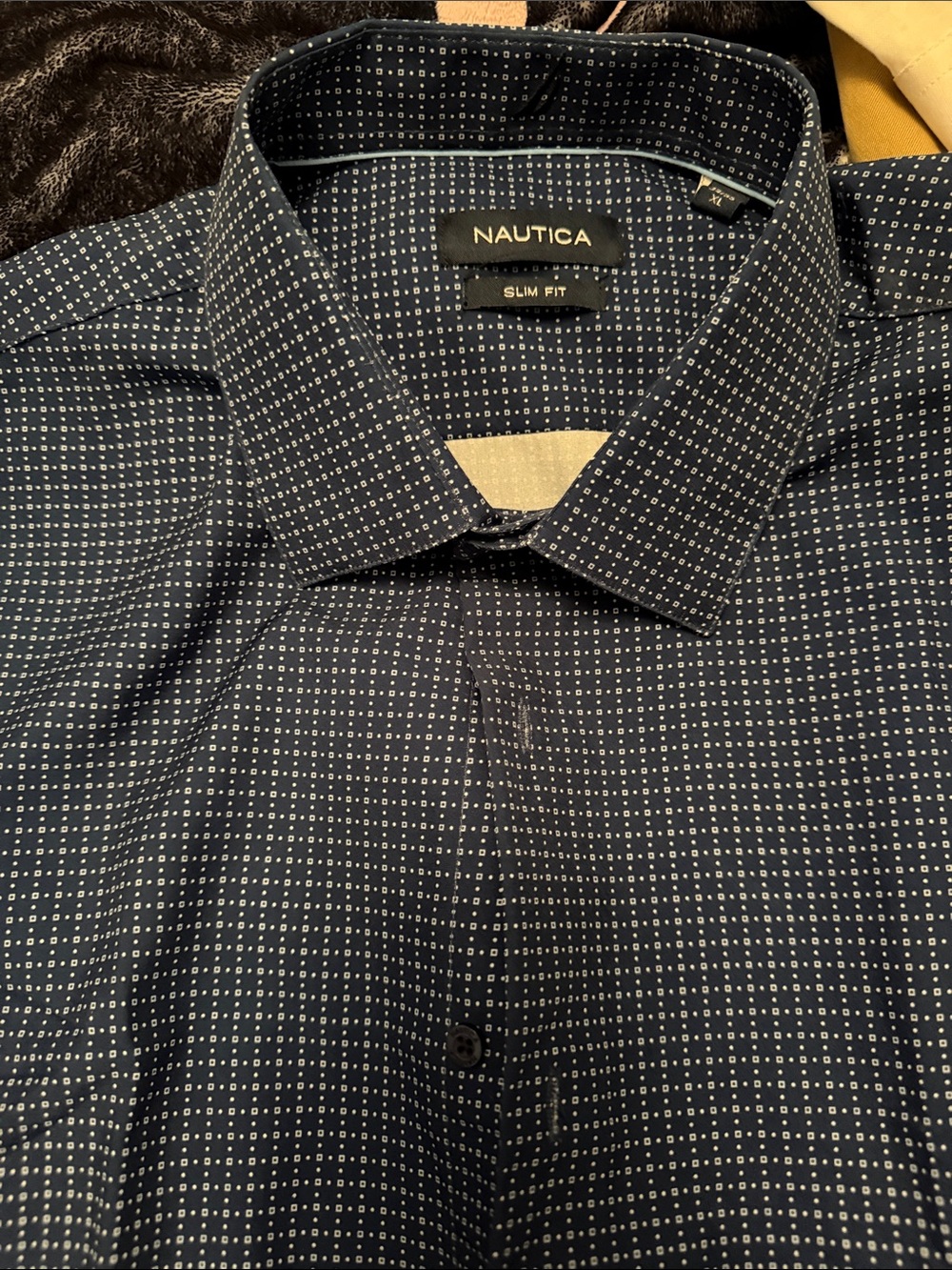Nautica Slim Fit Navy Dress Shirt with White Micro Dot Pattern